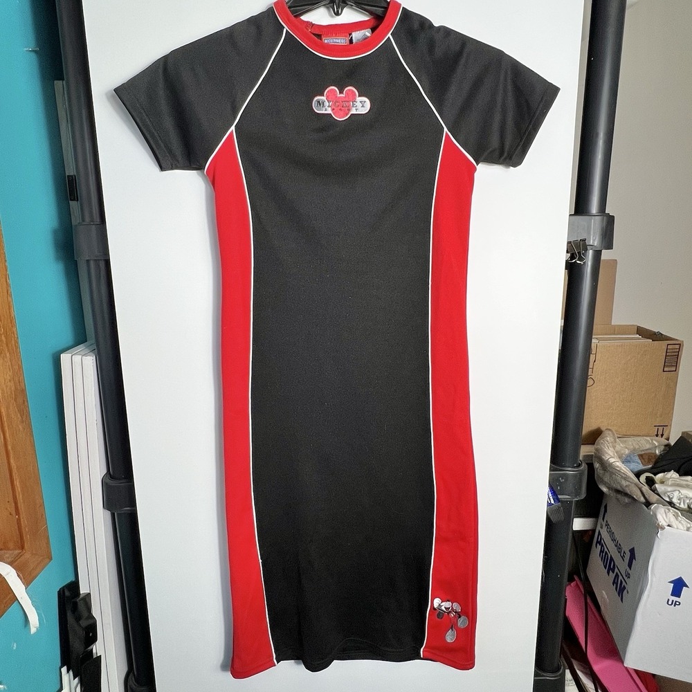 Vintage Disney Mickey Mouse Dress Girls L 12/14 Y2K Red Black Taiwan RARE‎ *Flaw